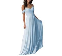 KURFACE Long Off Shoulder Light Blue Bridesmaid Dresses for Women Chiffon Long Evening Prom Dress UK16