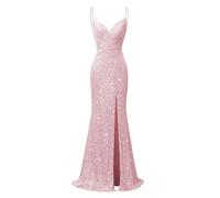 KURFACE Long Prom Dresses 2025 for Women with Slit Spaghetti Strap V Neck Mermaid Formal Cocktail Dress Pink UK10