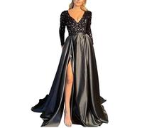 KURFACE Long Prom Dresses Black for Women with Pockets Slit 2025 Glitter Sequin Formal Ball Gown with Sleeves UK24