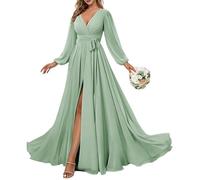 KURFACE Long Sleeve Bridesmaid Dresses for Wedding Party V Neck A Line Chiffon Maid of Honor Formal Gown Sage Green UK16