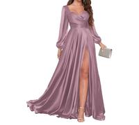 KURFACE Long Sleeve Bridesmaid Dresses for Women Pleated Wisteria Satin Prom Dress with Slit Formal Wedding Guest Gown UK22