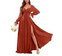 KURFACE Long Sleeve Bridesmaid Dresses with Slit Pleated Burnt Orange Chiffon Formal Evening Dress Wedding Guest Gown UK16