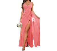 KURFACE Long Spaghetti Strap Bridesmaid Dresses Coral for Wedding Pleated Summer Chiffon Formal Dress with Slit UK10
