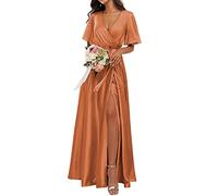 KURFACE Maid of Honor Gowns for Women Flutter Sleeve Long Wedding Guests Dress with Side Slit Burnt Orange UK20