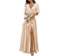 KURFACE Maid of Honor Gowns for Women Flutter Sleeve Long Wedding Guests Dress with Side Slit Champagne UK26