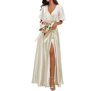 KURFACE Maid of Honor Gowns for Women Flutter Sleeve Long Wedding Guests Dress with Side Slit Ivory UK22