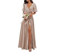 KURFACE Maid of Honor Gowns for Women Flutter Sleeve Long Wedding Guests Dress with Side Slit Taupe UK22