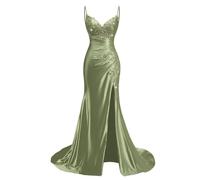 KURFACE Mermaid Satin Prom Dresses for Women with Slit Sparkly Sequin Lace Applique Celebrity Pageant Dress Ball Gown Sage Green UK10
