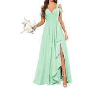 KURFACE Mint Green Bridesmaid Dresses for Women with Slit Plus Size Cold Shoulder Chiffon Wedding Guest Dress UK22