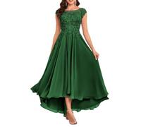 KURFACE Mother of The Bride Dresses with Sleeves Emerald Green Tea Length Long Lace Scoop Neck Formal Evening Gown UK12