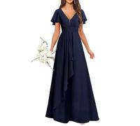 KURFACE Navy Blue Bridesmaid Dresses for Women with Sleeves Ruched Formal Dress A Line V Neck Evening Party Gown UK10