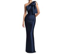 KURFACE Navy Blue One Shoulder Bridesmaid Dresses for Wedding Side Slit Bow Plus Size Satin Formal Dress Evening Gown UK22