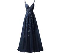 KURFACE Navy Blue Prom Dresses for Teens 2025 Spaghetti Strap V Neck A Line Formal Party Gown Tulle Pageant Dress UK18