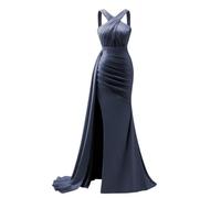 KURFACE Navy Blue Prom Dresses with Slit for Teens Criss-Cross Mermaid Satin Ball Gown Floor Length Formal Evening Dress UK10