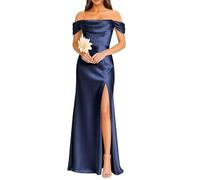 KURFACE Navy Blue Satin Bridesmaid Dresses for Women with Slit Plus Size Off Shoulder Prom Dress Long Ball Gown UK30