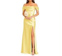 KURFACE Off Shoulder Bridesmaid Dresses for Wedding Pleated Yellow Satin Prom Dress with Slit Formal Evening Gown UK8