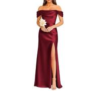 KURFACE Off Shoulder Bridesmaid Dresses for Wedding Plus Size Burgundy Satin Prom Dress with Slit Formal Evening Gown UK24