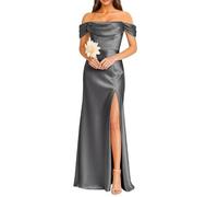 KURFACE Off Shoulder Bridesmaid Dresses for Wedding Plus Size Grey Satin Prom Dress with Slit Formal Evening Gown UK24