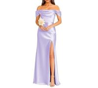 KURFACE Off Shoulder Bridesmaid Dresses for Wedding Plus Size Lavender Satin Prom Dress with Slit Formal Evening Gown UK24