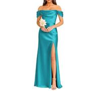 KURFACE Off Shoulder Bridesmaid Dresses for Wedding Plus Size Turquoise Satin Prom Dress with Slit Formal Evening Gown UK24