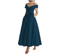 KURFACE Off Shoulder Prom Dresses Peacock for Women with Pocket Bow Satin Formal Evening Dress Corset Long Ball Gown UK18