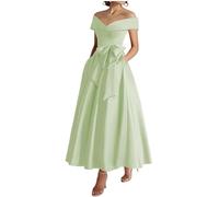 KURFACE Off Shoulder Prom Dresses Sage Green for Women with Pocket Bow Satin Formal Evening Dress Corset Long Ball Gown UK18