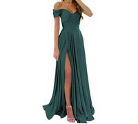 KURFACE Off Shoulder Prom Dresses with Slit for Women Pleated Teal Satin Bridesmaid Dress Corset Formal Party Gown UK10