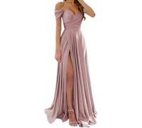 KURFACE Off Shoulder Prom Dresses with Slit for Women Plus Size Dusty Rose Satin Bridesmaid Dress Corset Formal Party Gown UK26