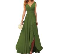 KURFACE Olive Green Bridesmaid Dress Long Empire Waist Chiffon V Neck Formal Dresses for Women Corset Maid of Honor UK14