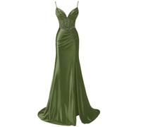 KURFACE Olive Green Satin Prom Dresses for Women with Slit Pleated Spaghetti Strap V Neck Formal Party Gown Long Evening Dress UK6