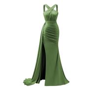 KURFACE Olive Satin Prom Dresses for Women with Slit Mermaid Formal Party Gown Floor Length Long Evening Dress UK24
