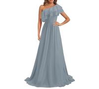 KURFACE One Shoulder Bridesmaid Dresses with Sleeves for Wedding Party A Line Chiffon Maid of Honor Dusty Blue UK18