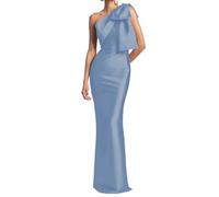 KURFACE One Shoulder Dusty Blue Bridesmaid Dresses for Women Elegant Sheath Satin Formal Dress with Slit Long Prom Gown UK12
