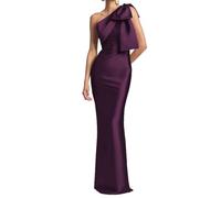 KURFACE One Shoulder Plum Bridesmaid Dresses for Women Elegant Sheath Satin Formal Dress with Slit Long Prom Gown UK12