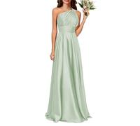 KURFACE One Shoulder Satin Prom Dresses for Women Long Ball Gown Floor Length Pleated Formal Evening Dress UK20 Sage Green