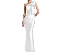KURFACE One Shoulder White Bridesmaid Dresses for Women Elegant Sheath Satin Formal Dress with Slit Long Prom Gown UK12