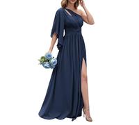 KURFACE One Sleeve Chiffon Bridesmaid Dresses Long for Wedding Party Pleated Navy Blue Evening Formal Dress with Slit UK26