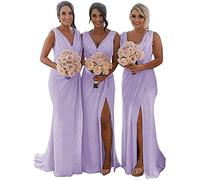 KURFACE Out Door Bridal Gowns Wedding Bridesmaid Dress Plus Size Double V Neck Sleevelesss Mermaid Chiffon Dresses for Juniors with Pockets Lilac UK28