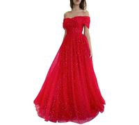 KURFACE Outdoor Bridal Gowns Sparkly Starry Wedding Prom Dresses Plus Size Sleeveless Off The Shoulder Formal Evening Party Gowns Red UK20