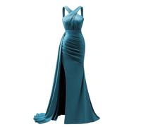 KURFACE Peacock Satin Prom Dresses for Women with Slit Mermaid Formal Party Gown Floor Length Long Evening Dress UK30