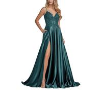KURFACE Peacock Satin Prom Dresses with Slit for Women Pleated Long Lace Applique Formal Party Gown UK14