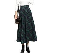 KURFACE Plaid Wool Skirts High Elastic Waist Winter Maxi Long Skirts with Pockets for Women Dark Green L