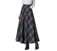 KURFACE Plaid Wool Skirts High Elastic Waist Winter Maxi Long Skirts with Pockets for Women Deep Blue XL