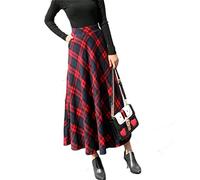 KURFACE Plaid Wool Skirts High Elastic Waist Winter Maxi Long Skirts with Pockets for Women Deep Red XL