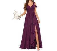 KURFACE Plum Bridesmaid Dresses for Women with Slit Plus Size Cold Shoulder Chiffon Wedding Guest Dress UK22