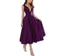 KURFACE Plum Prom Dresses for Juniors 2024 Tea Length Satin Formal Wedding Guest Dress A Line V Neck Birthday Gown UK28