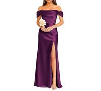 KURFACE Plum Satin Bridesmaid Dresses for Women with Slit Plus Size Off Shoulder Prom Dress Long Ball Gown UK30