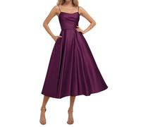 KURFACE Plum Satin Prom Dresses for Women Tea Length Ball Gown Sleeveless Spaghetti Strap Formal Party Dress UK14