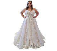 KURFACE Plus Size Long Wedding Dresses Spaghetti Straps Lace Bridal Ball Gown for Women with Train Ivory UK30
