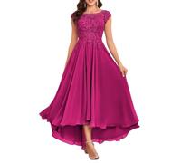 KURFACE Plus Size Mother of The Bride Dresses Tea Length with Sleeves Pockets Long Hot Pink Lace Up Chiffon Evening Dress UK22